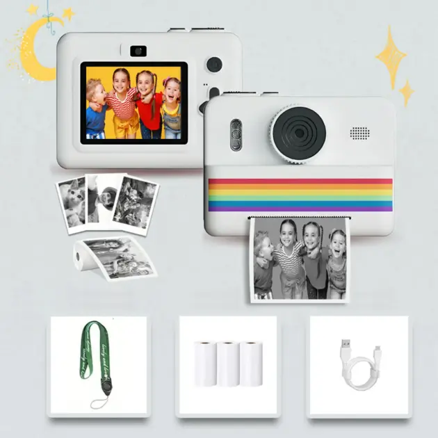 Kids camera instant print toys, Polaroid small camera, with USB charging, three rolls of thermal printing paper, gifts for